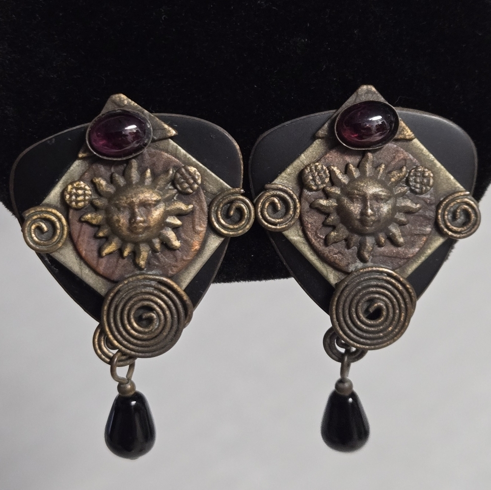 Mixed Metals Sun Motif Black and Gold Dangle Clip Earrings 1 3/4"X1 1/8"